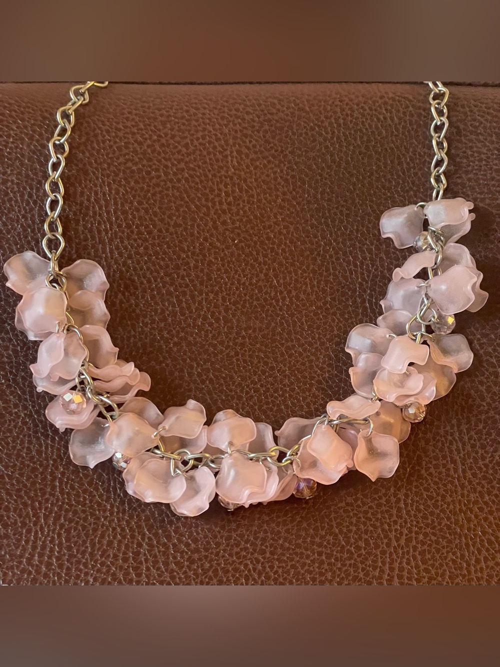 Delicate Pink Lucite & Crystal Flower Cluster Necklace - Women Jewelry
